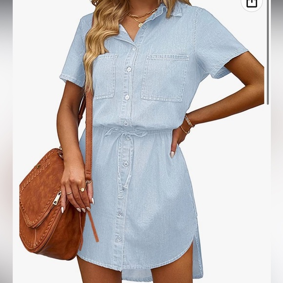 Casual Denim Dress Short Sleeve Tie Waist - Picture 1 of 4